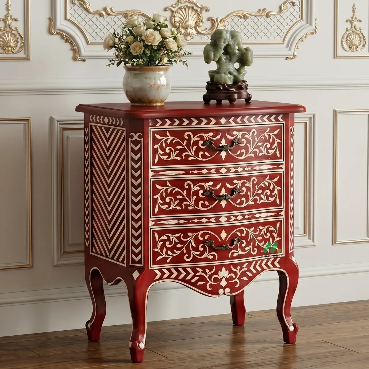Bone Inlay Red Bedside Table