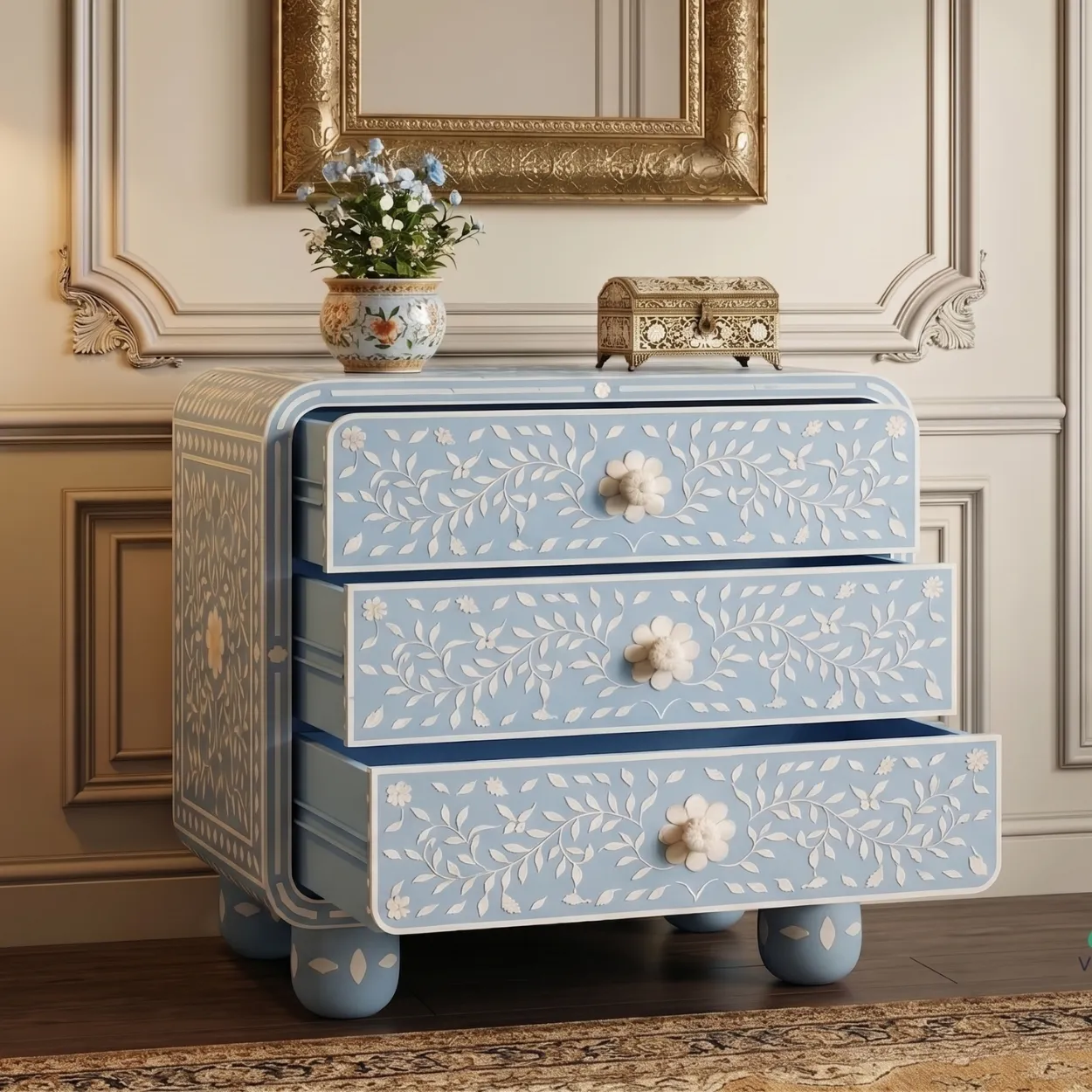 Bone Inlay Light Blue Bedside Table - Image 6