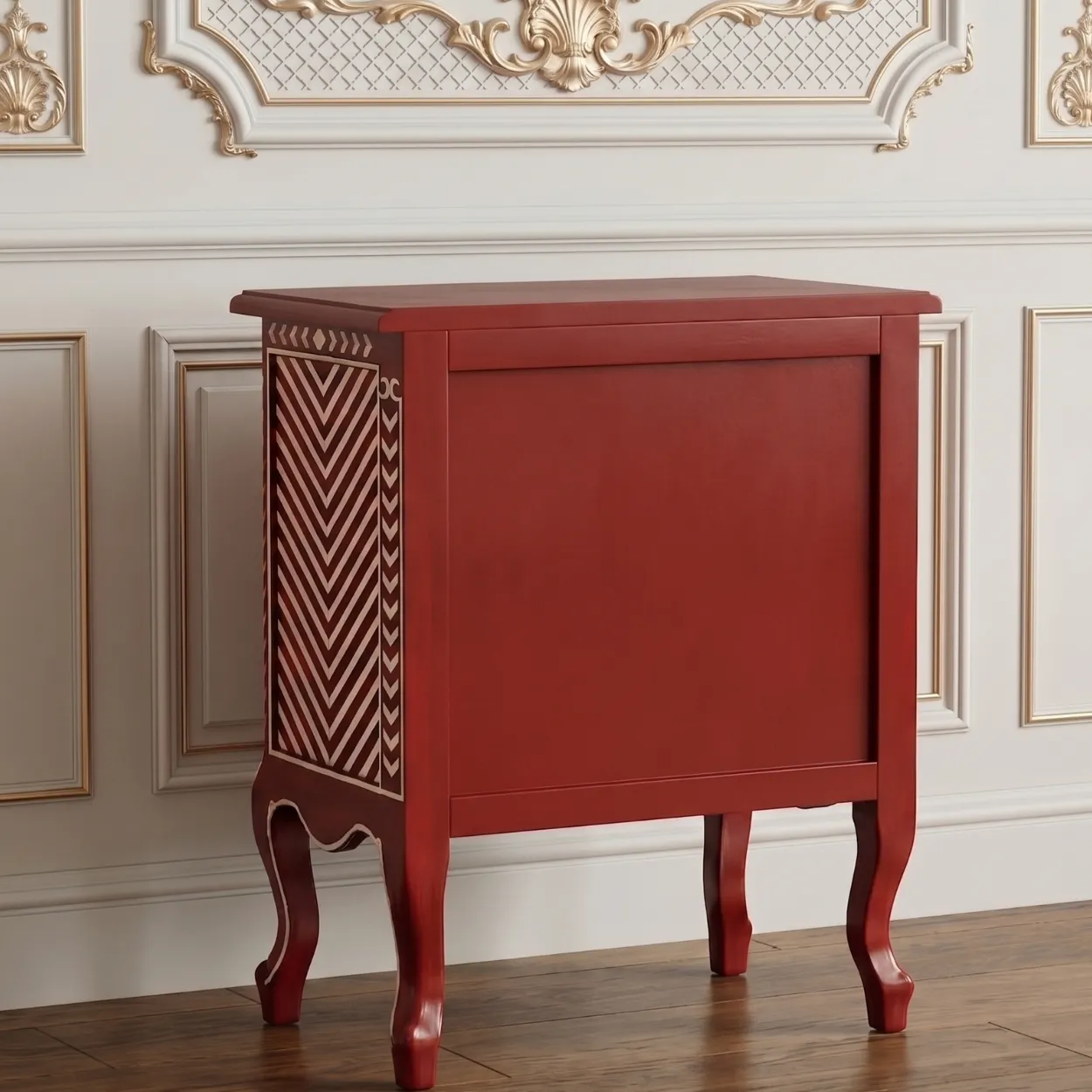 Bone Inlay Red Bedside Table - Image 2