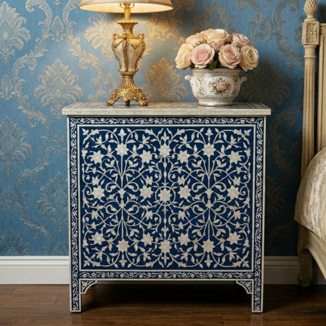 Mother Of Pearl Navy Blue Bedside Table with 3 Drawer - Image 4