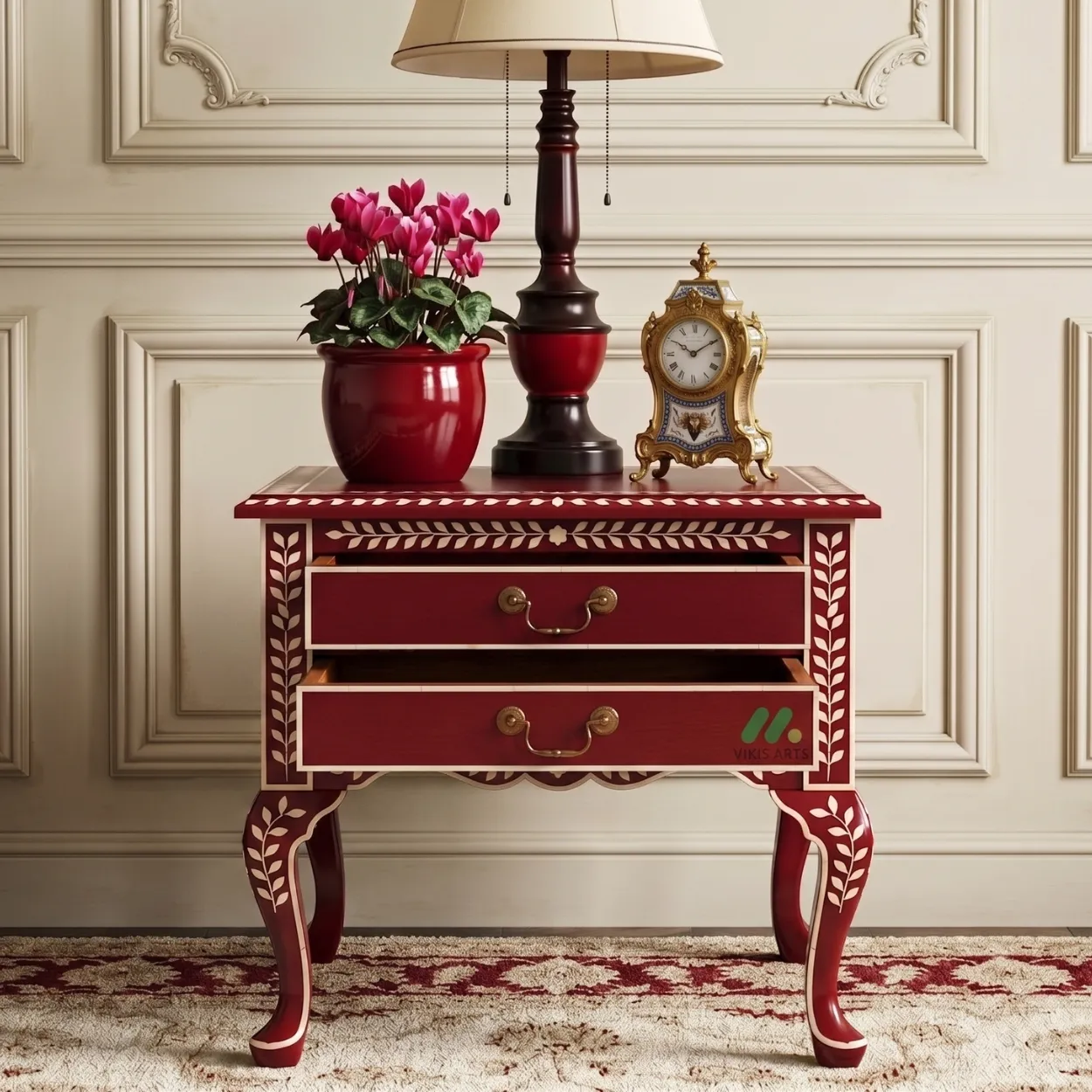 Bone Inlay Red Bedside Table - Image 5
