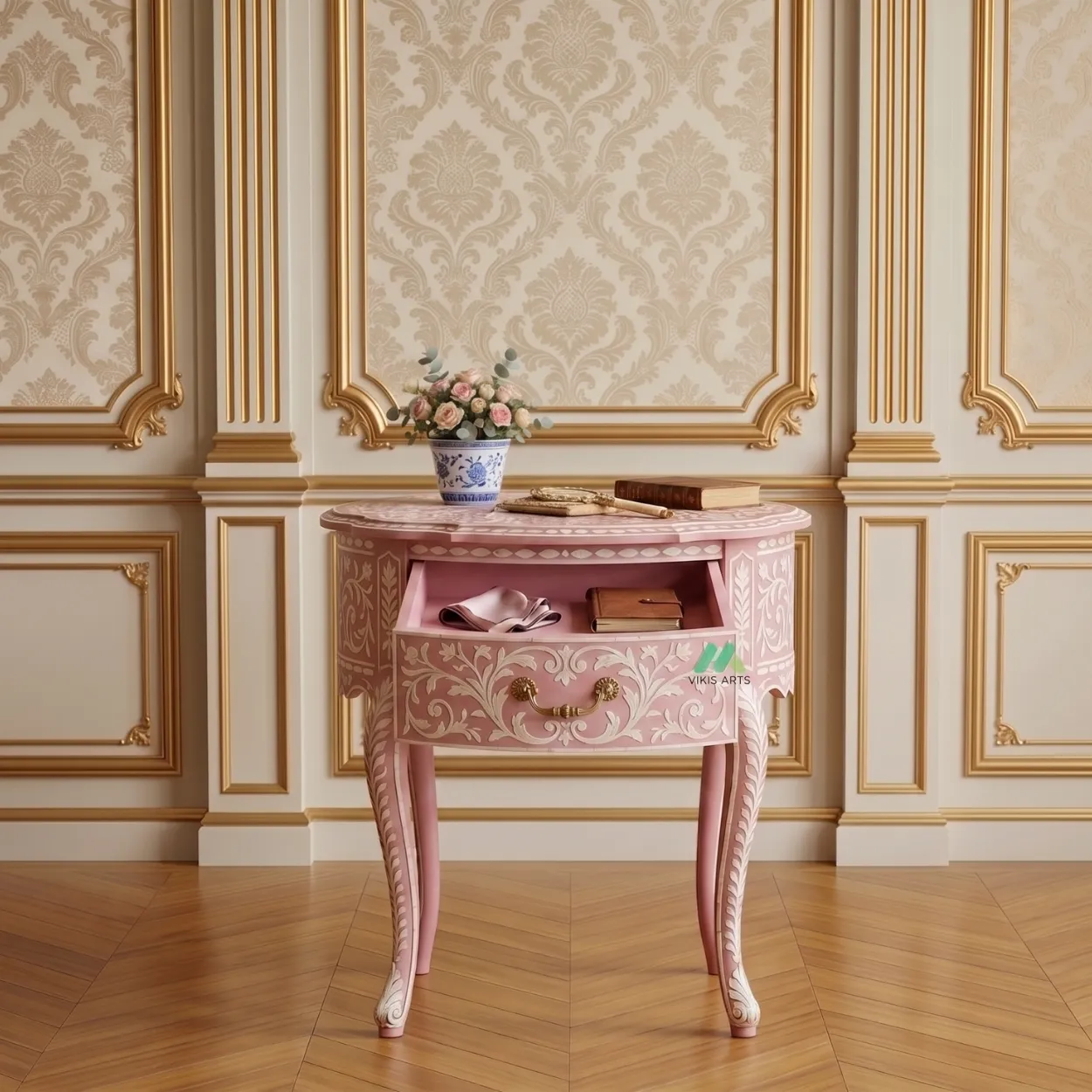 Bone Inlay Pink Round Bedside Table - Image 6