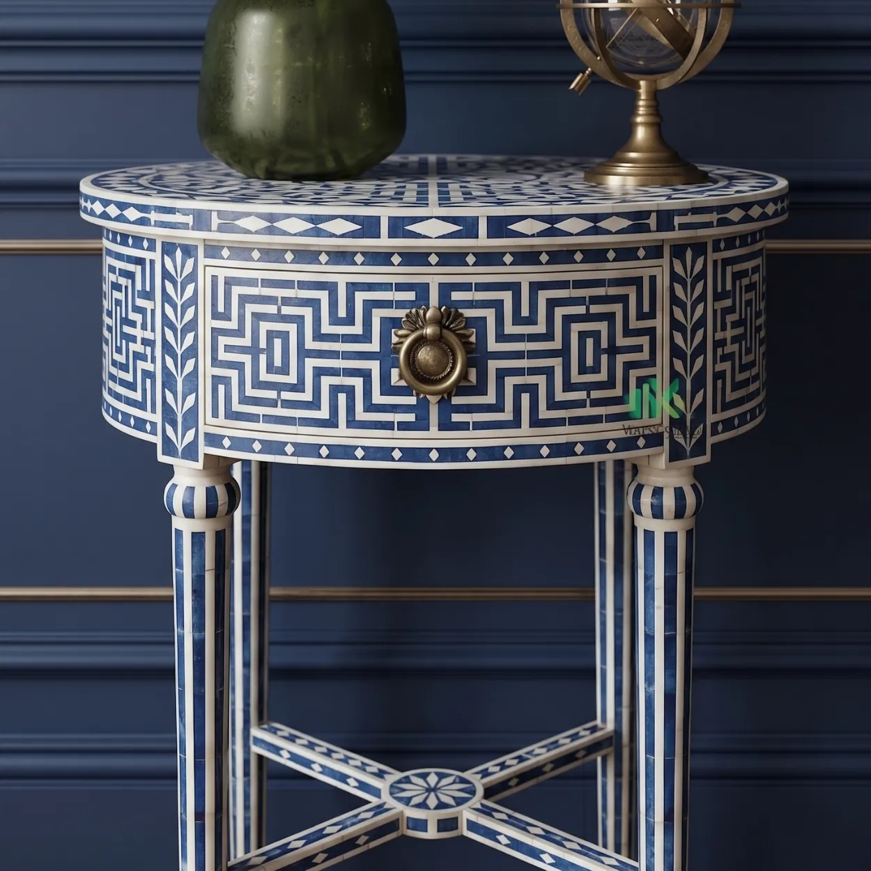 Bone Inlay Blue Round Bedside Table - Image 4