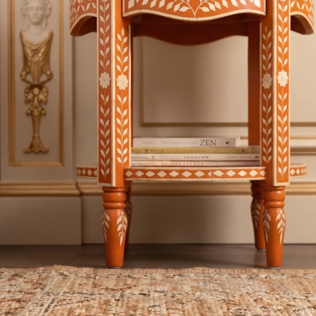 Bone Inlay Orange Bedside Table - Image 5