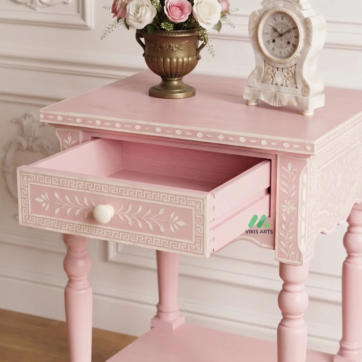 Bone Inlay Pink Bedside Table - Image 5