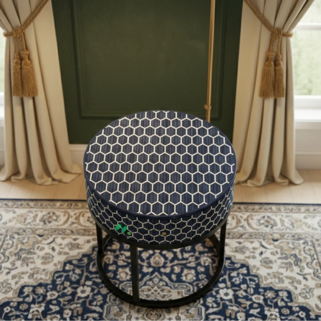 Bone Inlay Blue Round Bedside Table with 2 Drawers - Image 3