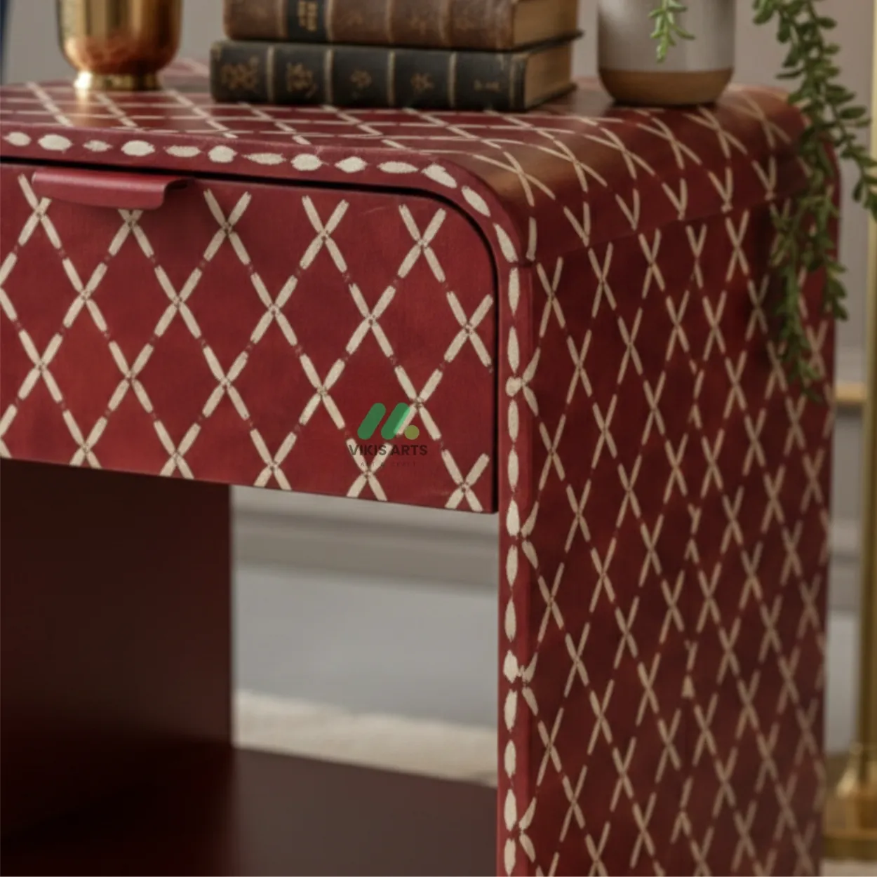 Bone Inlay Red Bedside Table - Image 3