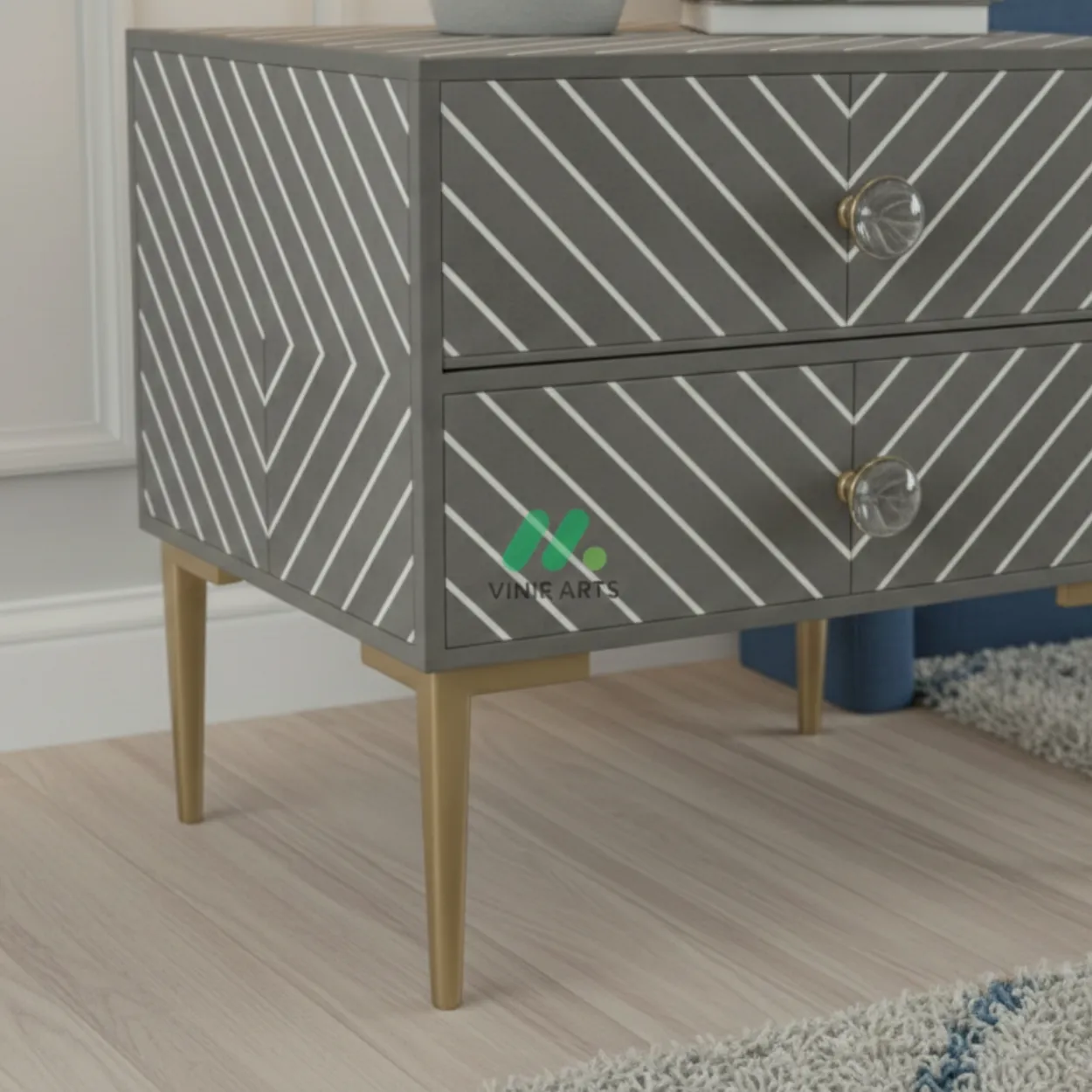 Bone Inlay Grey Bedside Table with 2 Drawer - Image 5