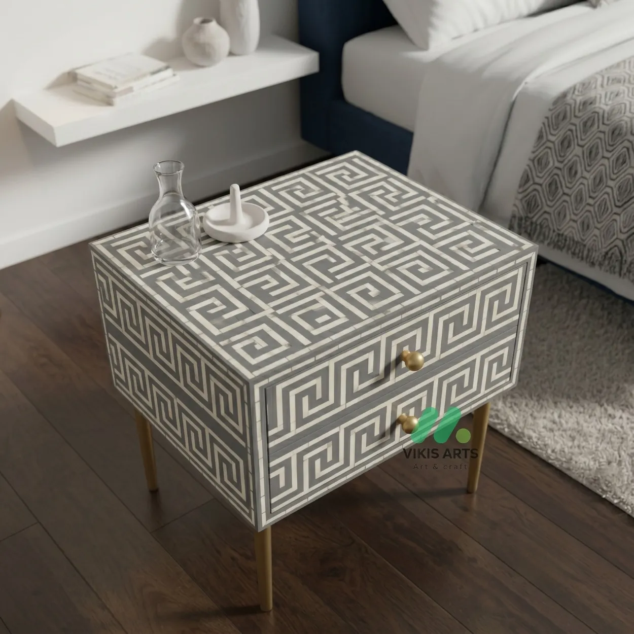 Bone Inlay Grey Bedside Table with 2 Drawer - Image 3