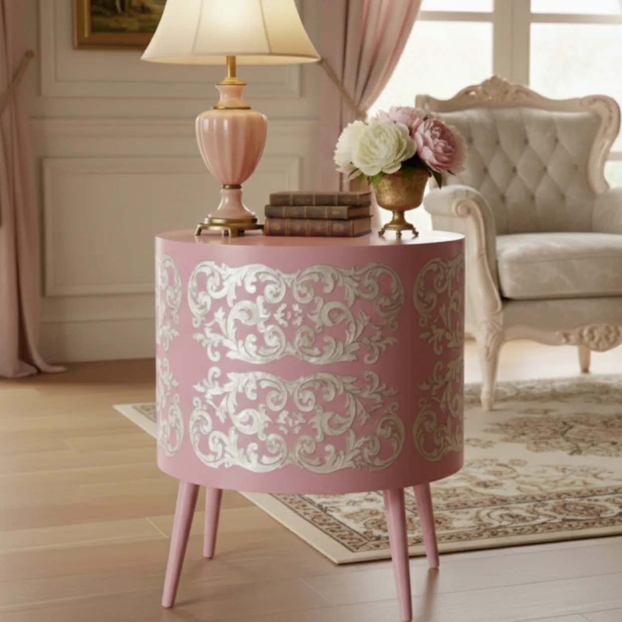 Mother of pearl Pink Round Bedside Table - Image 2