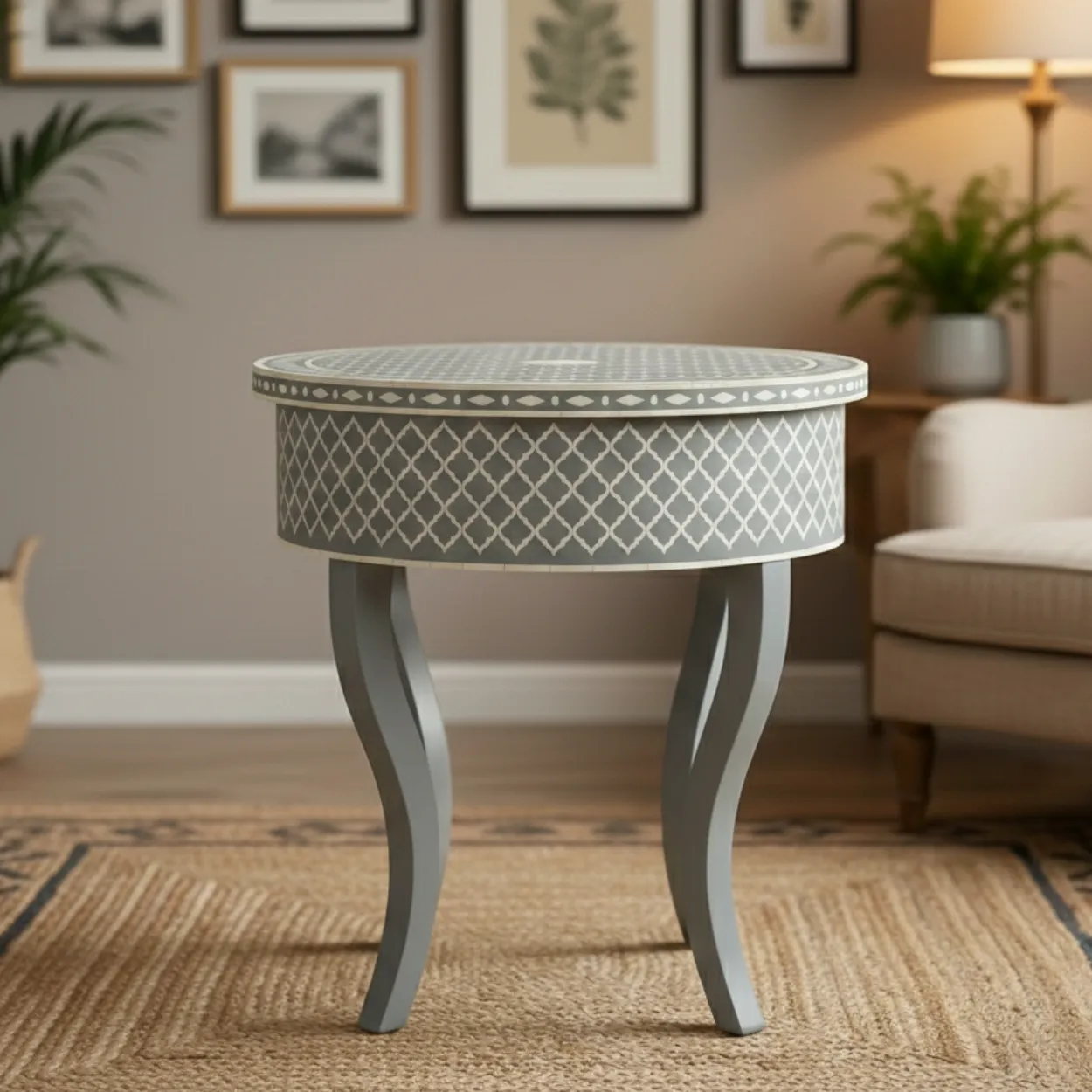 Bone Inlay Grey Round Bedside Table with 1 Drawer - Image 2