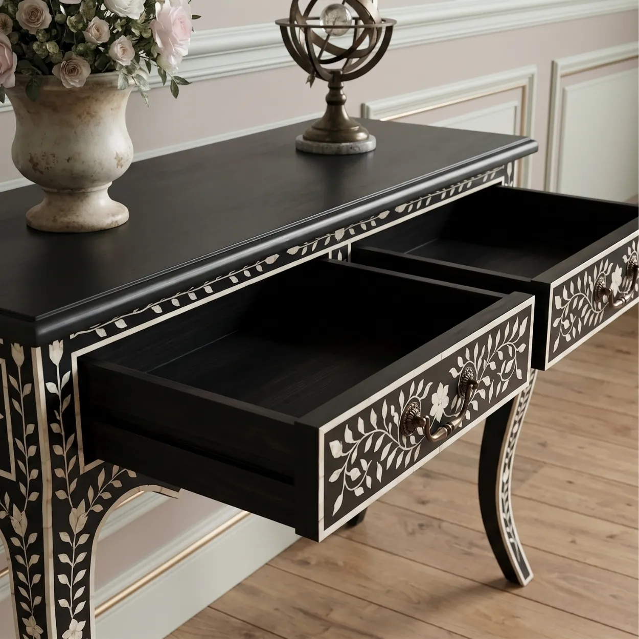 Bone Inlay Black Console Table - Image 3