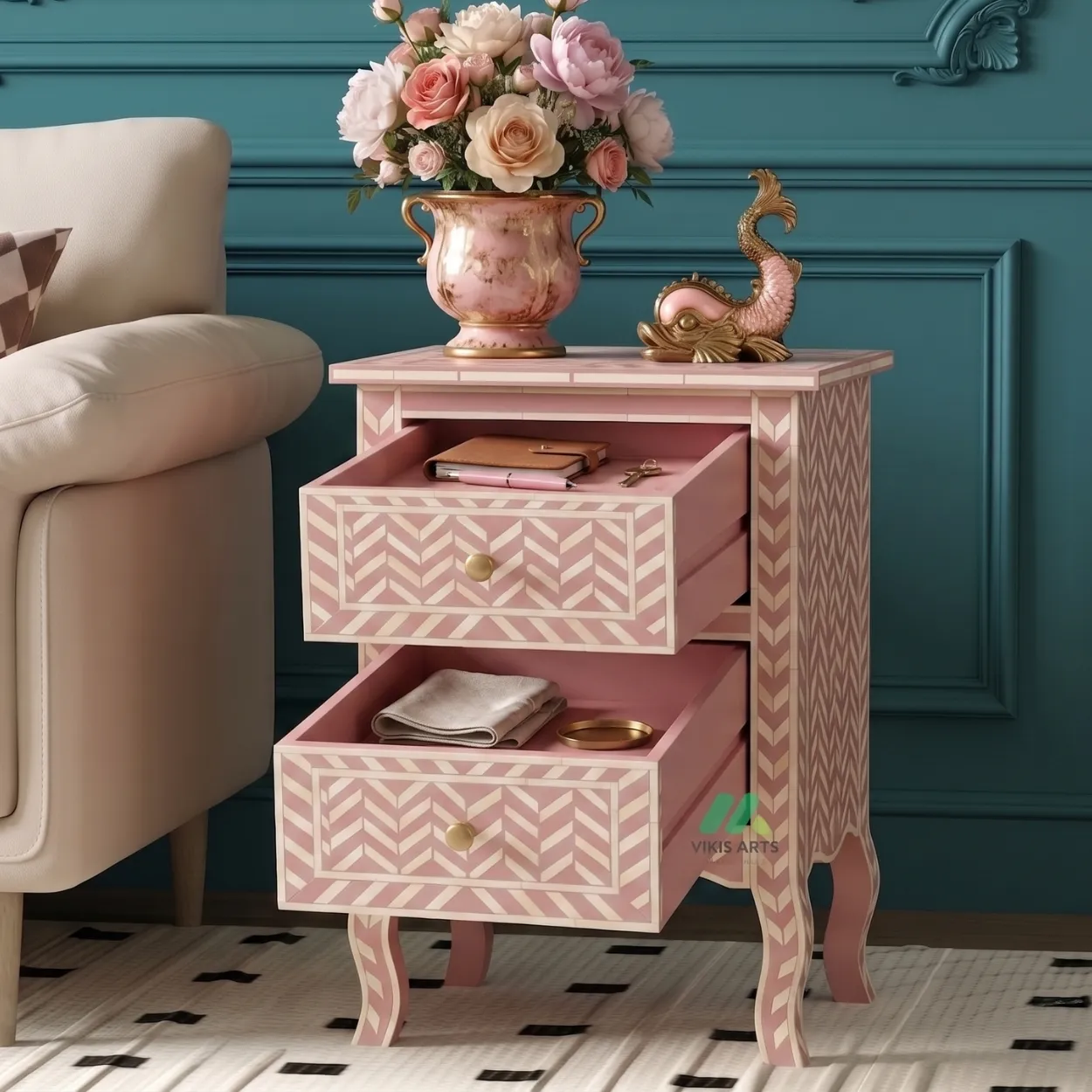 Bone Inlay Pink Bedside Table - Image 6