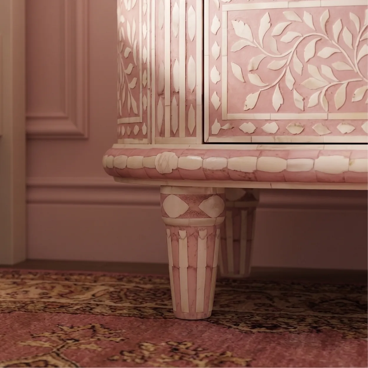 Bone Inlay Pink Round Bedside Table - Image 6