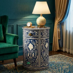 Bone Inlay Navy Blue Round Bedside Table