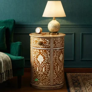 Bone Inlay Brown Round Bedside Table