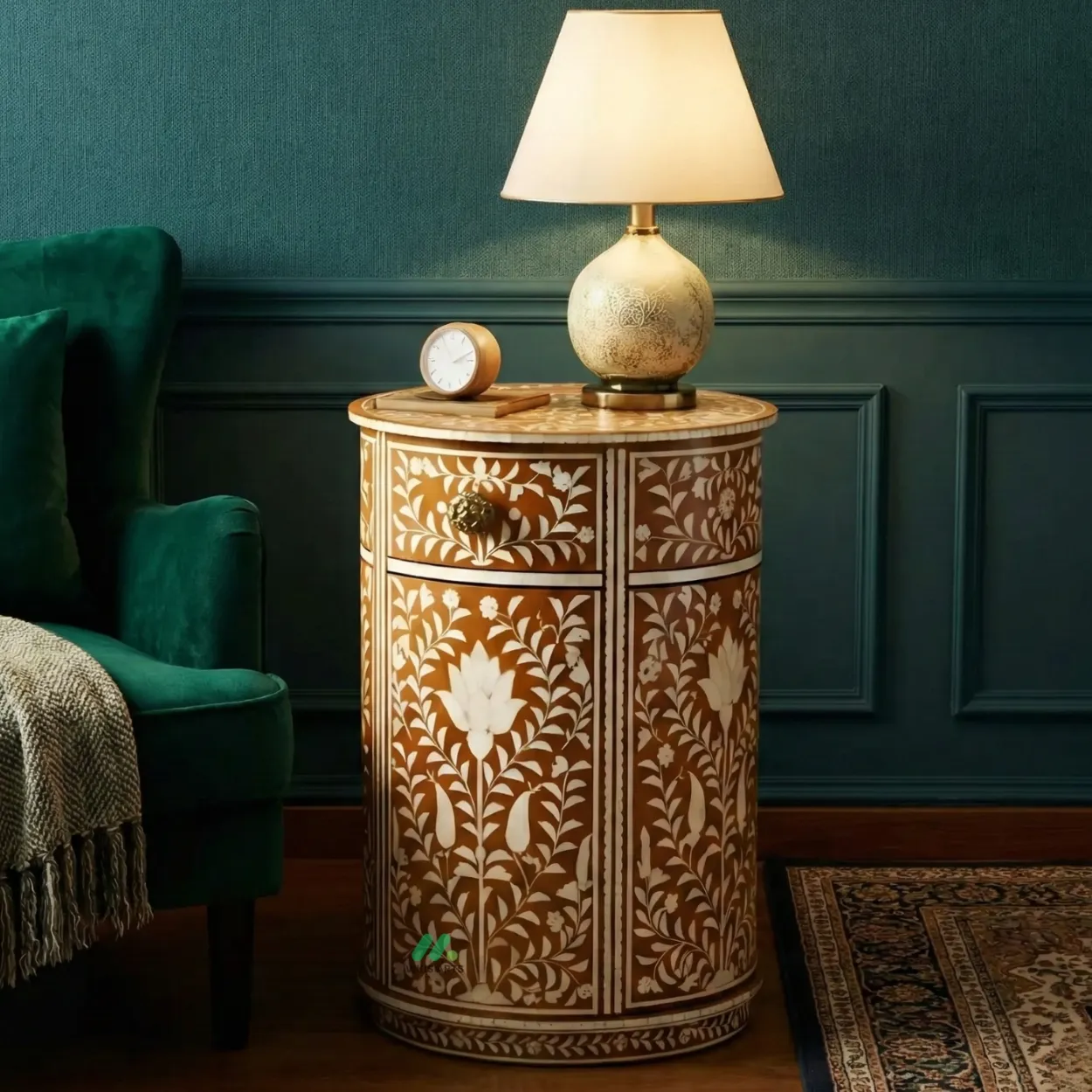 Bone Inlay Brown Round Bedside Table