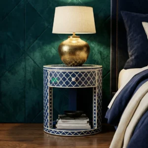 Bone Inlay Navy Blue Round Bedside Table