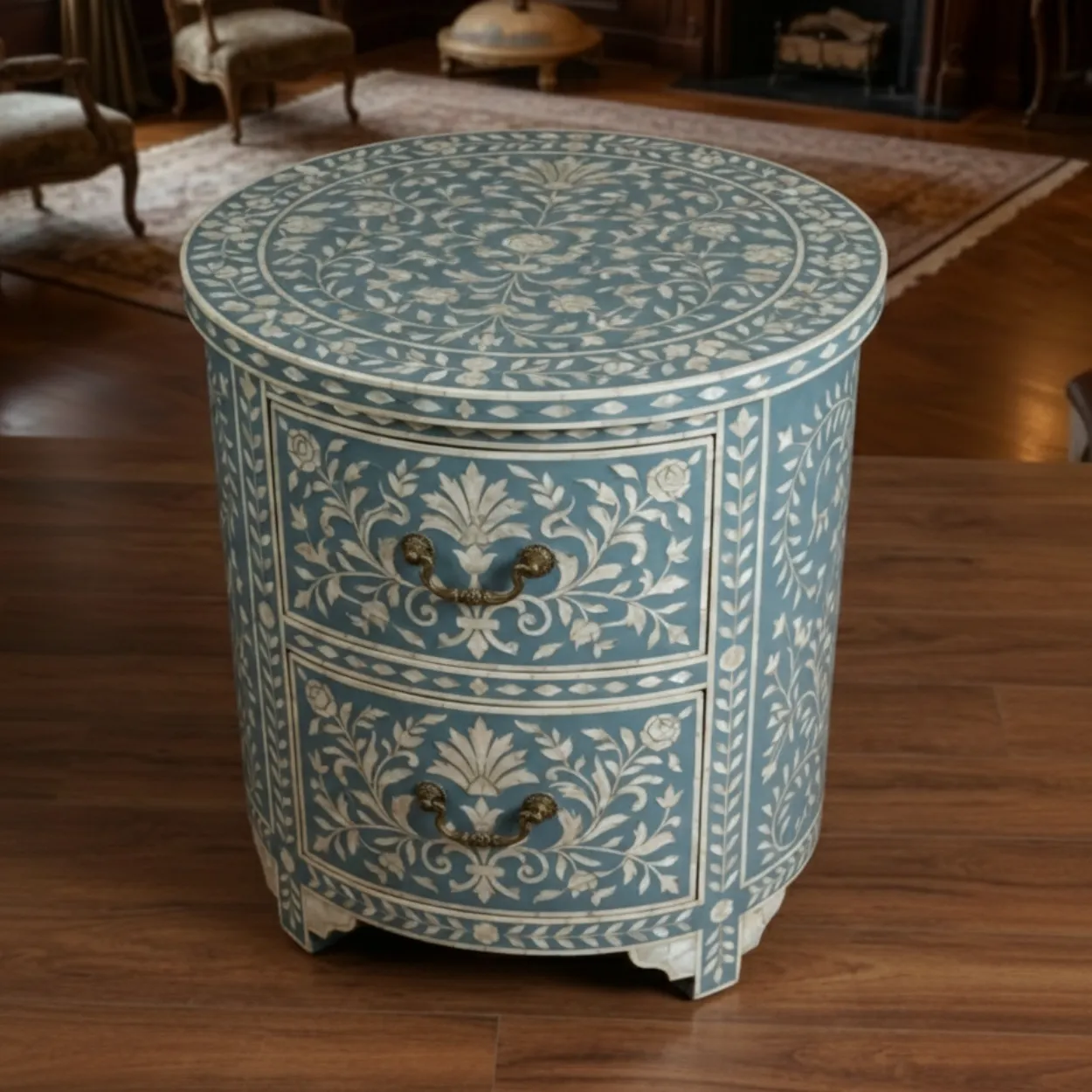 Mother Of Pearl Blue Round Bedside Table with 2 Drawer - Image 4