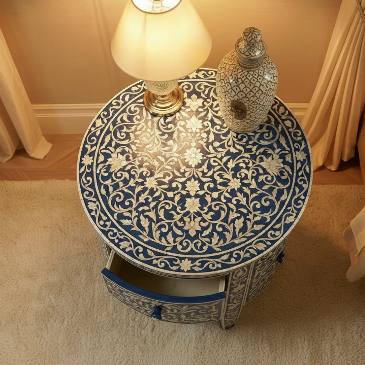 Mother Of Pearl Navy Blue Round Bedside Table with 2 Drawers - Image 5