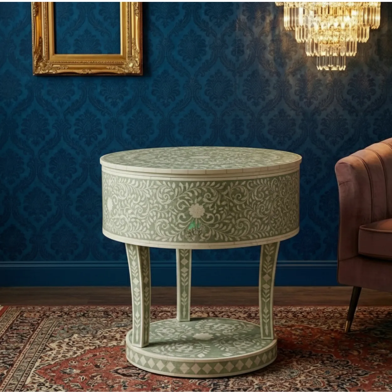 Mother Of Pearl Green Round Bedside Table with 1 Drawer - Image 2
