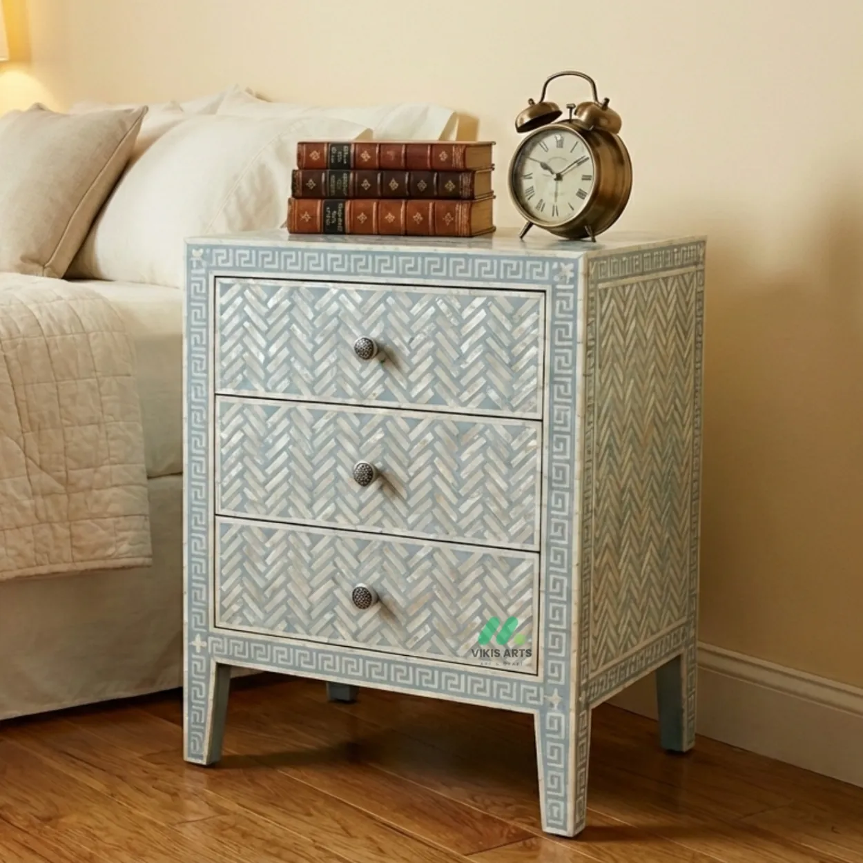 Mother Of Pearl Blue Bedside Table with 3 Drawer