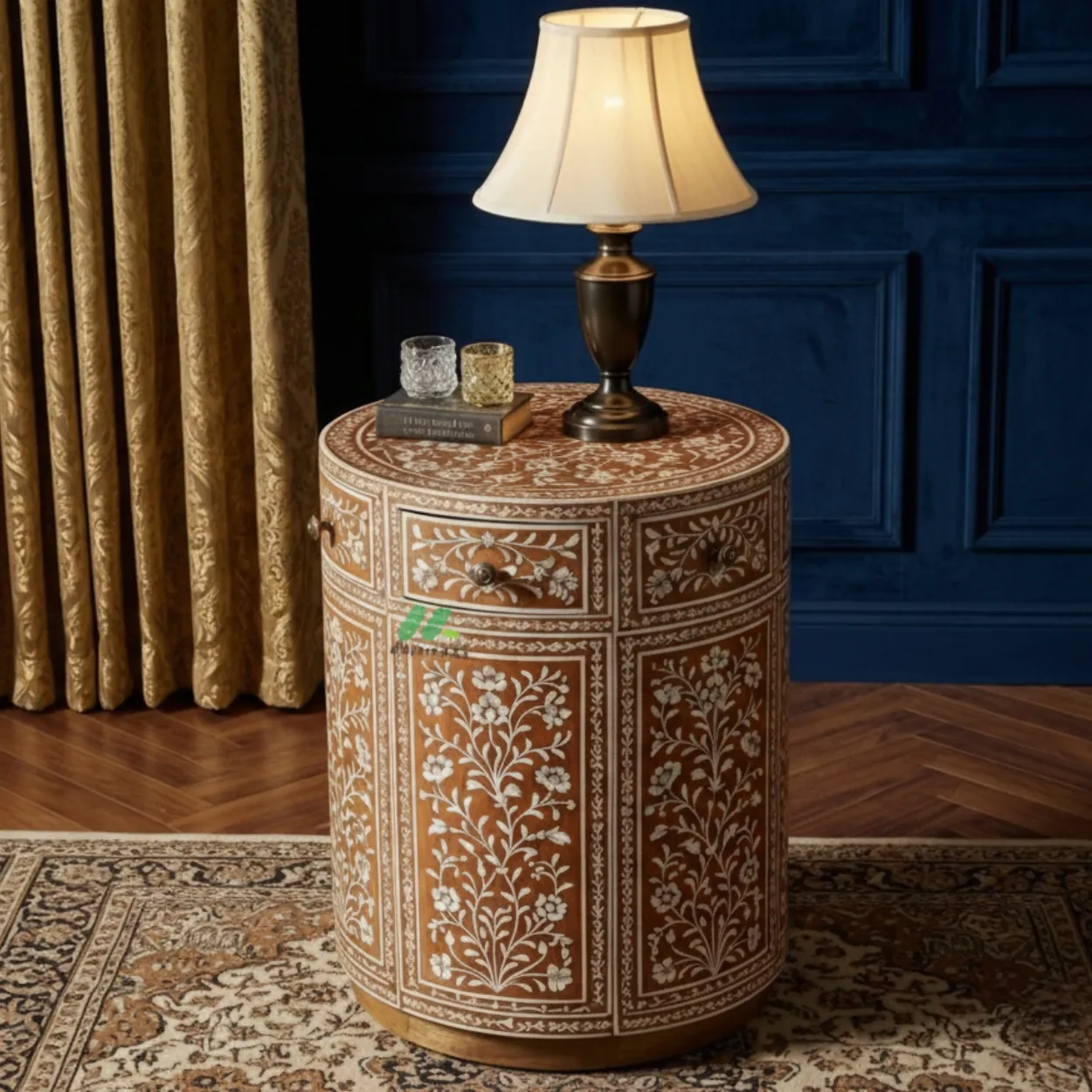 Mother Of Pearl Brown Round Bedside Table - Image 3