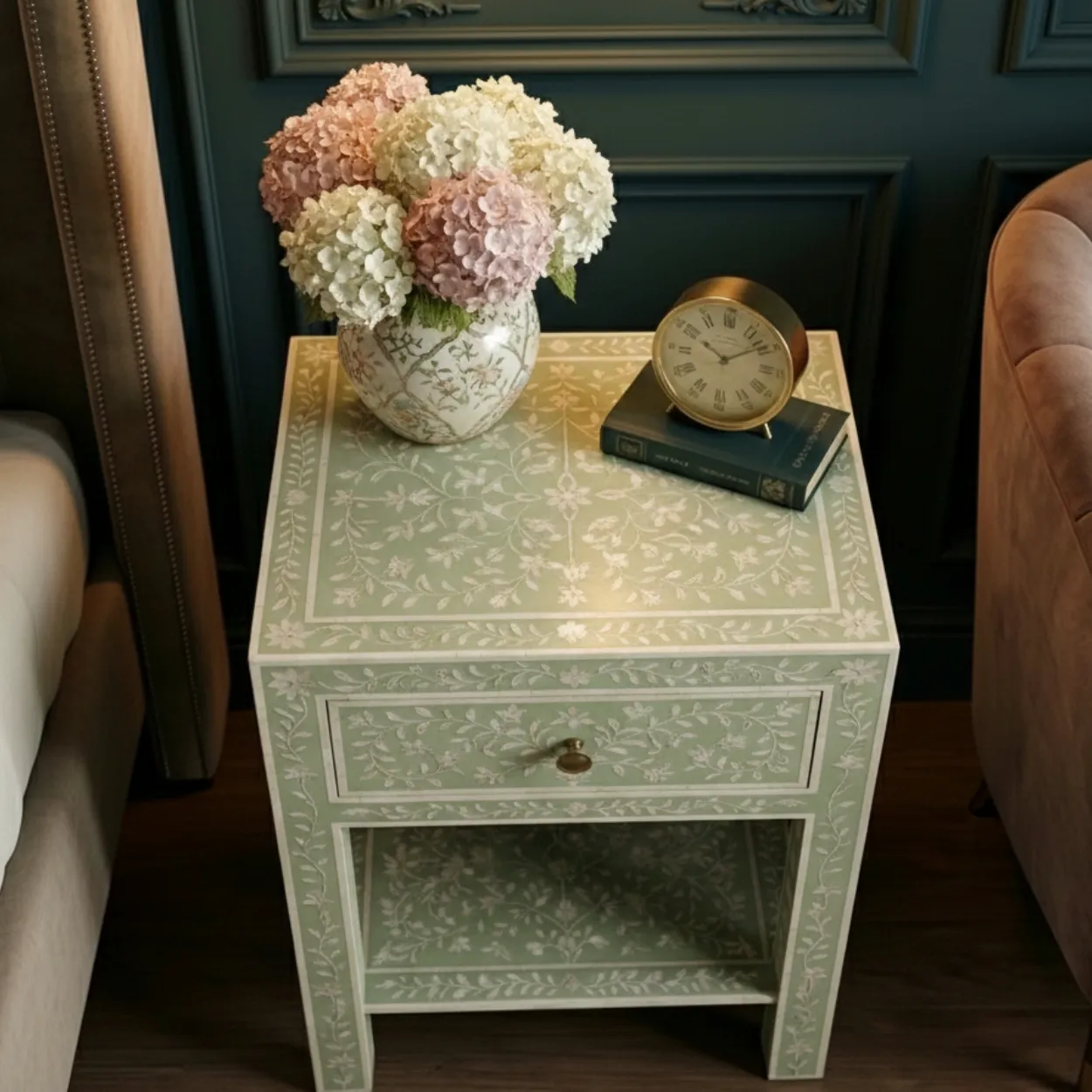 Mother Of Pearl Light Green Bedside Table with 1 Drawer - Image 4