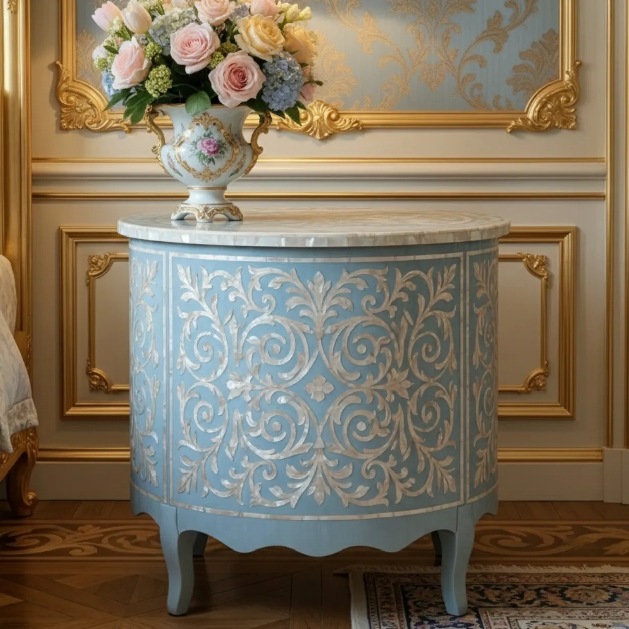 Mother Of Pearl Light Blue Round Bedside Table with 3 Drawer - Image 2