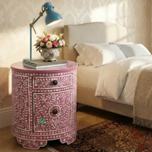 Mother Of Pearl Pink Round Bedside Table