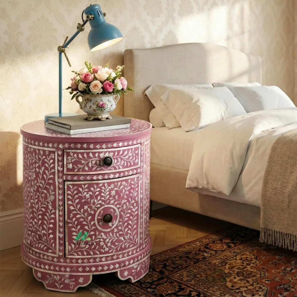 Mother Of Pearl Pink Round Bedside Table