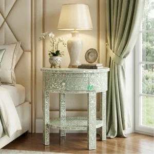 Mother Of Pearl Light Green Round Bedside Table with 1 Drawer