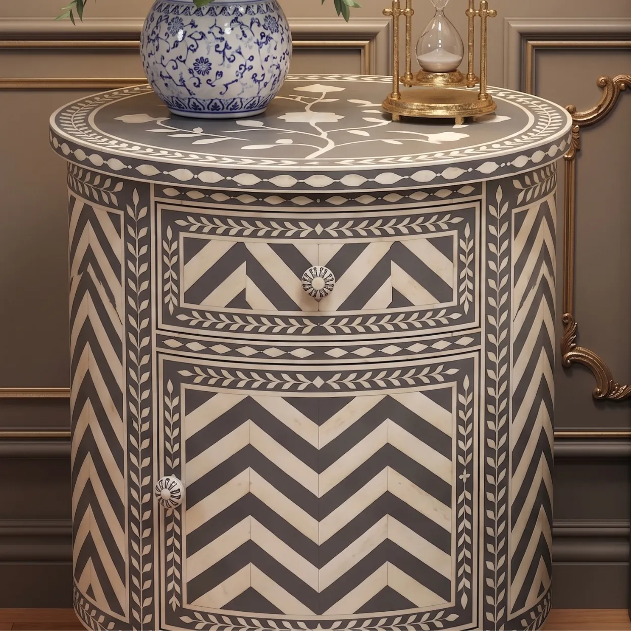 Bone Inlay Grey Round Bedside Table with 2 - Image 5