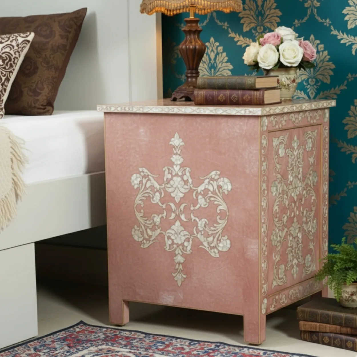 Mother Of Pearl Pink Bedside Table with 3 Drawers - Image 2