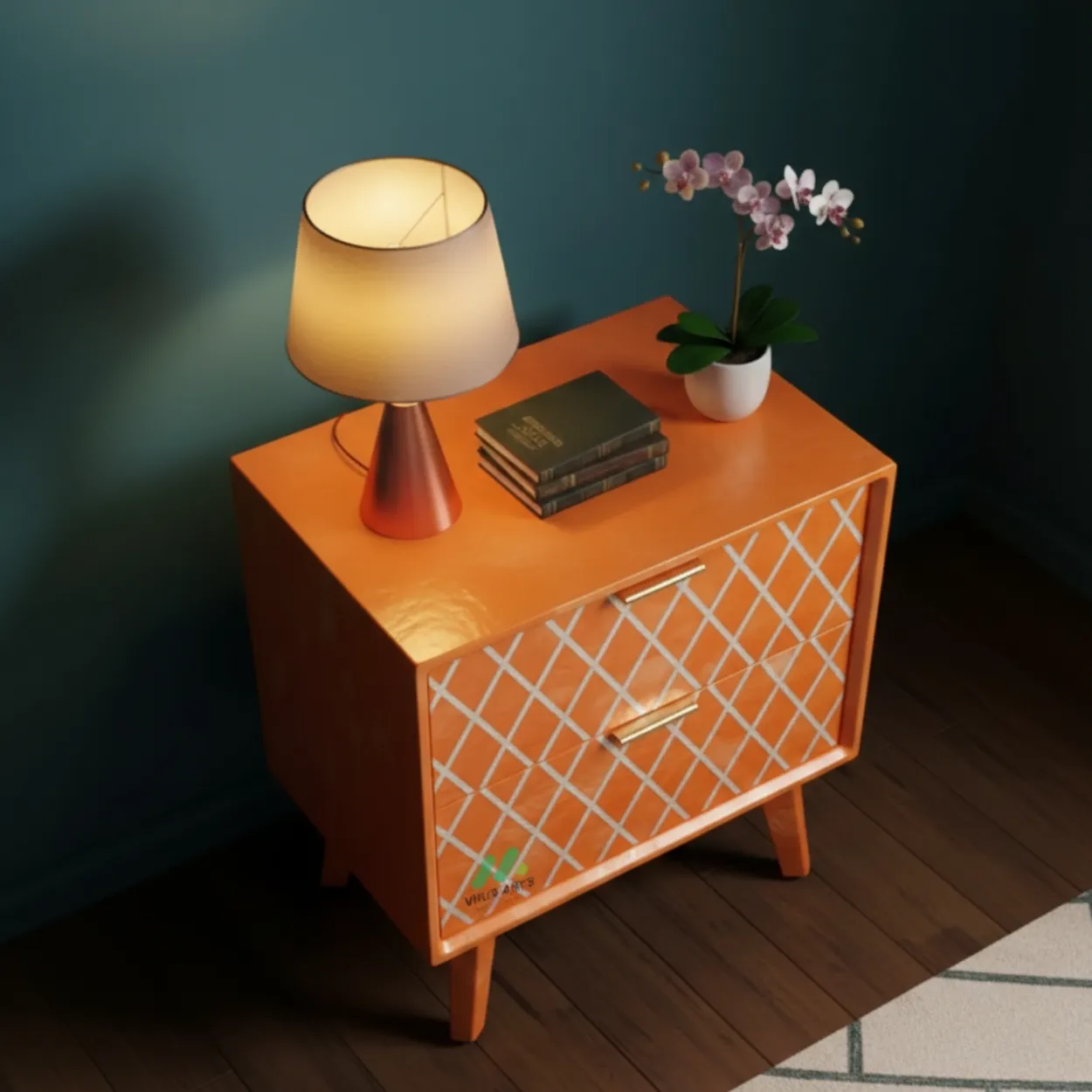 Mother Of Pearl Orange Bedside Table with 2 Drawers - Image 3