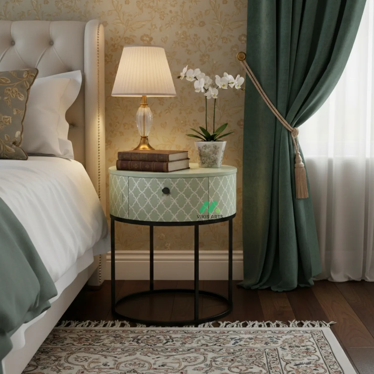 Bone Inlay Light Green Round Bedside Table