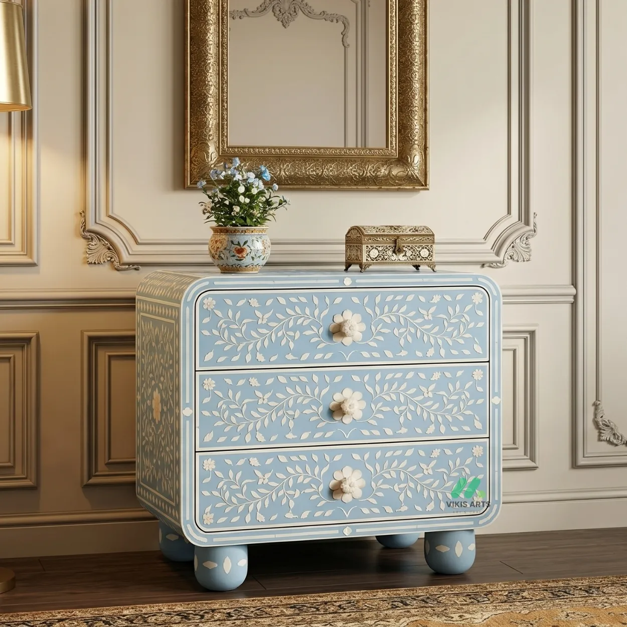 Bone Inlay Light Blue Bedside Table