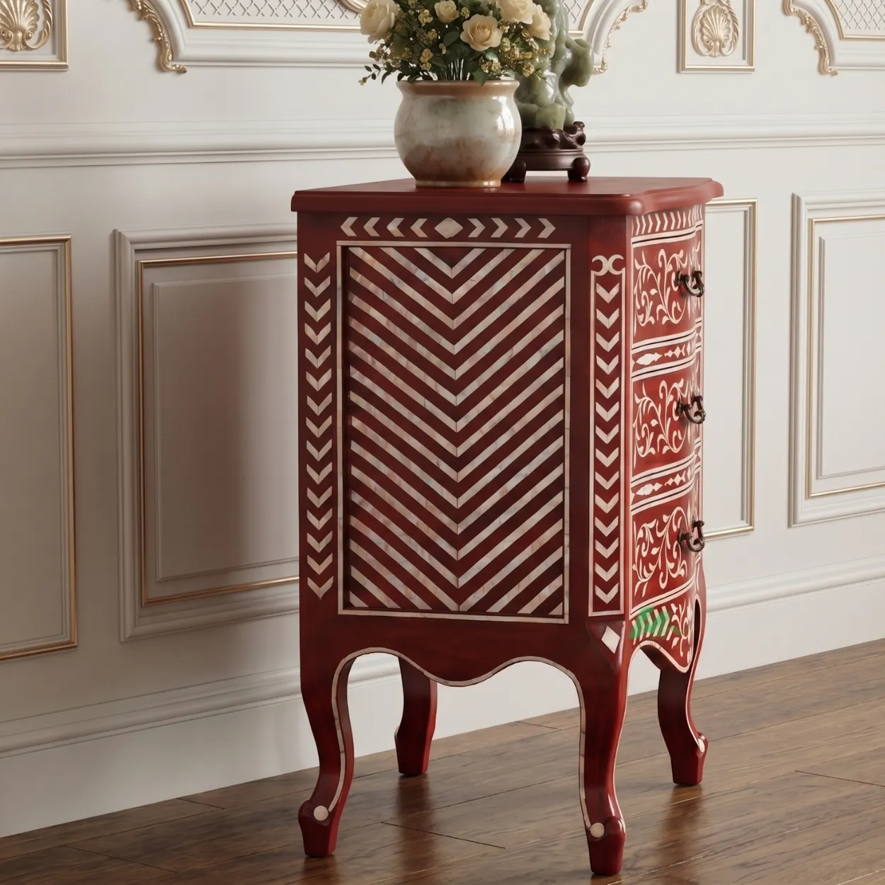 Bone Inlay Red Bedside Table - Image 4