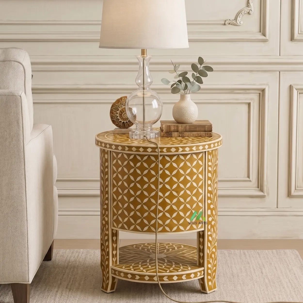 Bone Inlay Yellow Round Bedside Table - Image 2