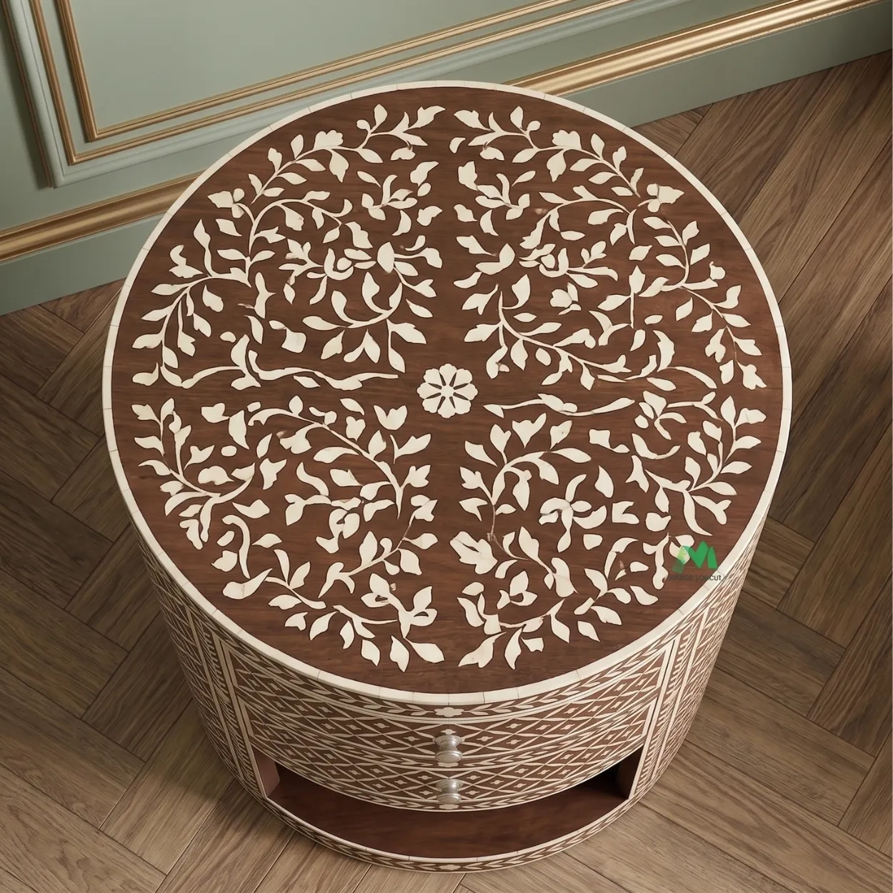 Bone Inlay Wooden Round Bedside Table - Image 3