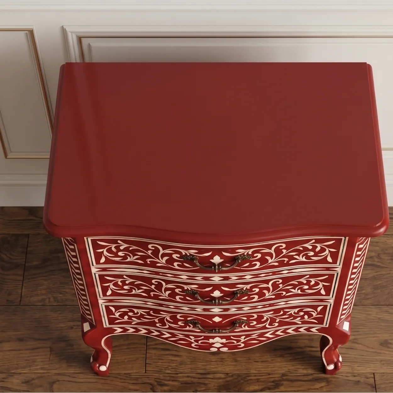 Bone Inlay Red Bedside Table - Image 3