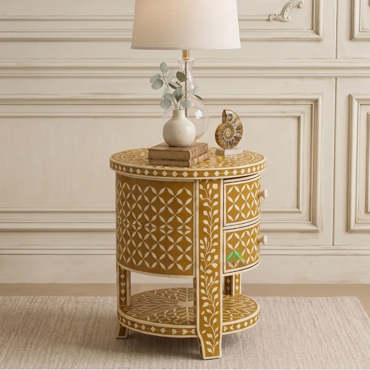 Bone Inlay Yellow Round Bedside Table - Image 4