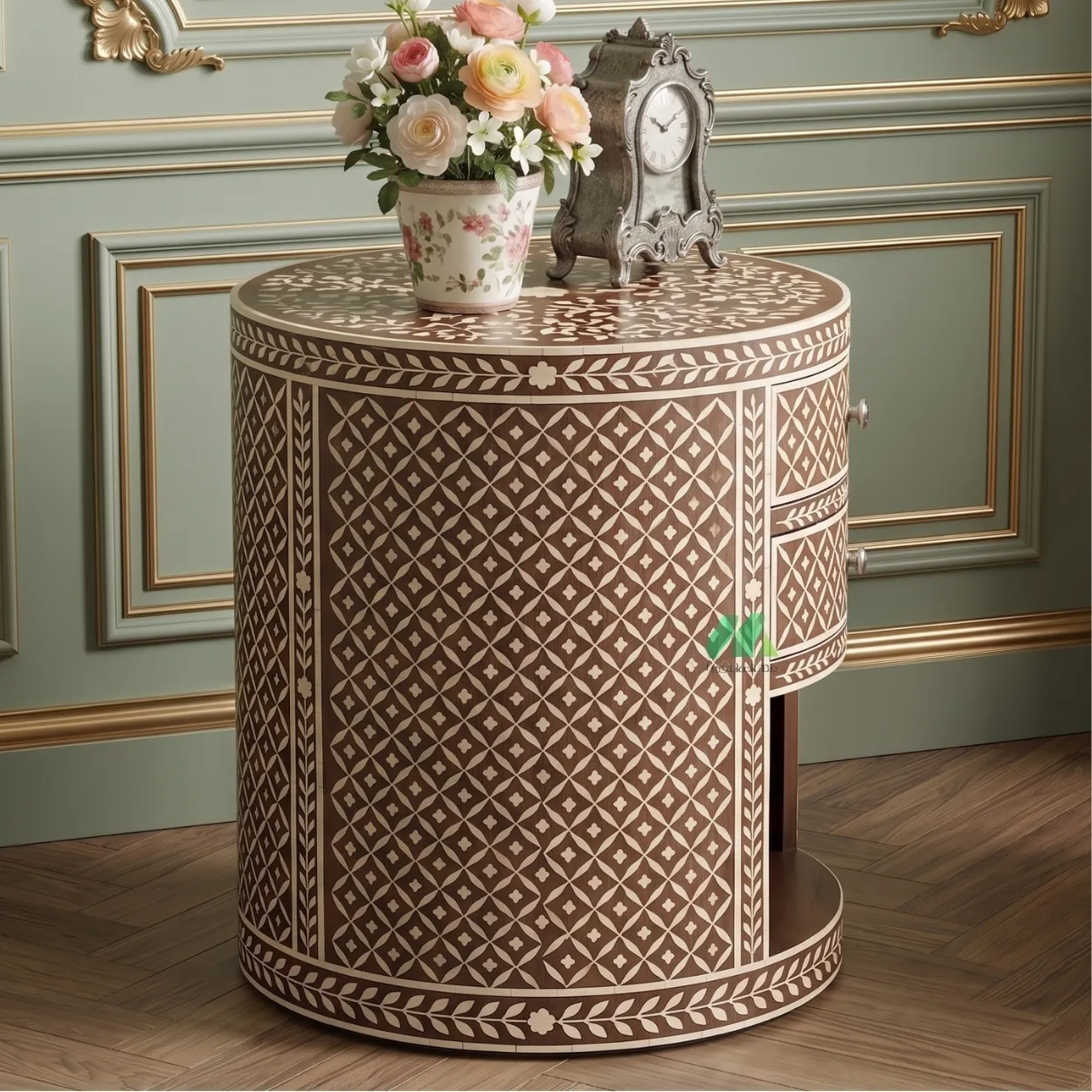 Bone Inlay Wooden Round Bedside Table - Image 4
