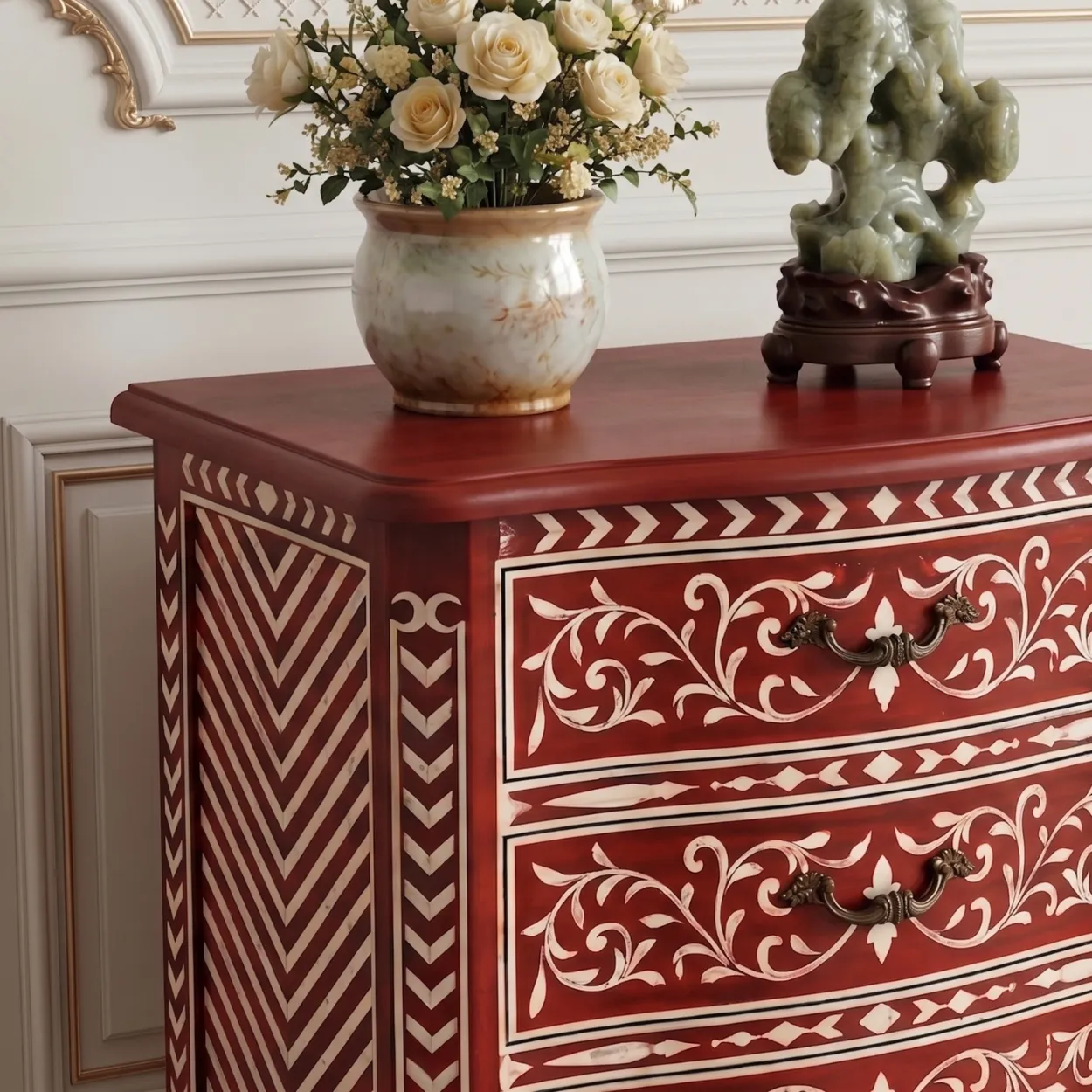 Bone Inlay Red Bedside Table - Image 6