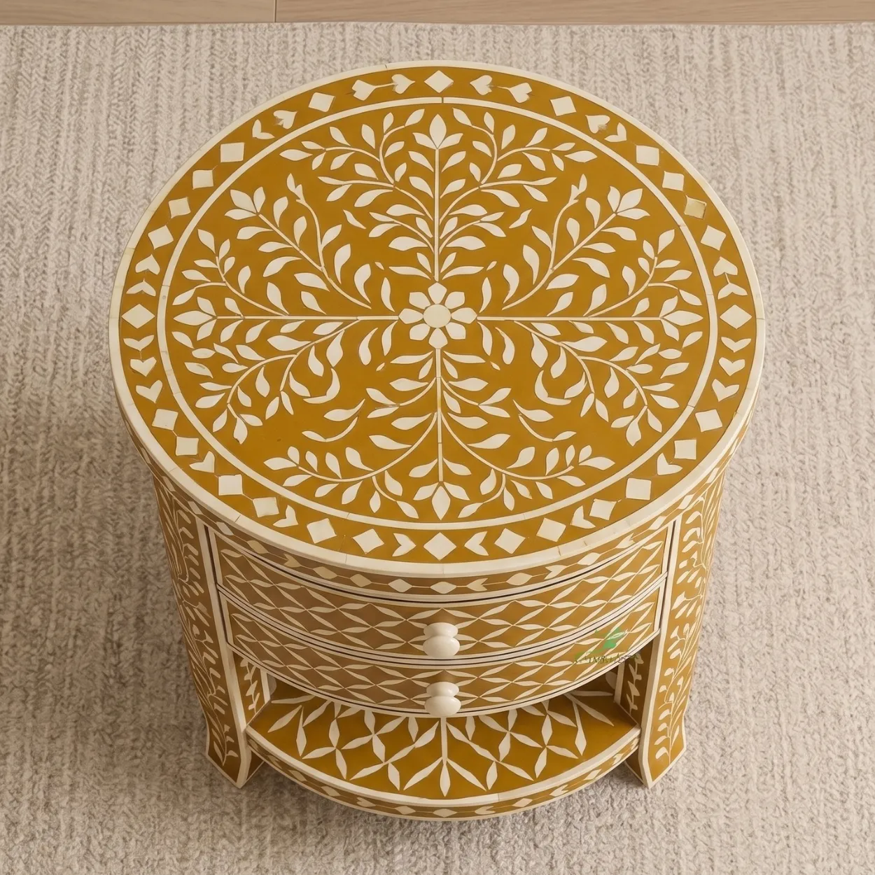Bone Inlay Yellow Round Bedside Table - Image 3