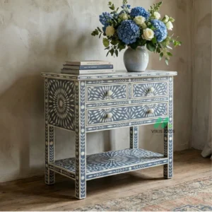Bone Inlay Grey bedside table with 4 Drawer