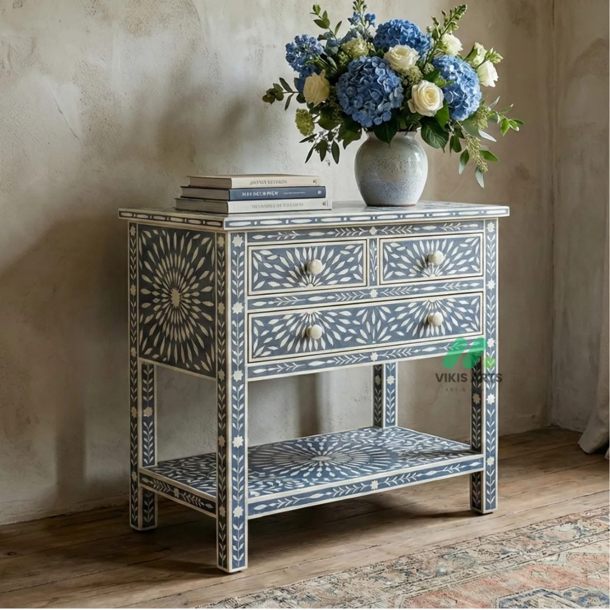 Bone Inlay Grey bedside table with 4 Drawer
