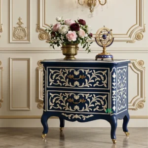 Bone Inlay Navy Blue Bedside Table