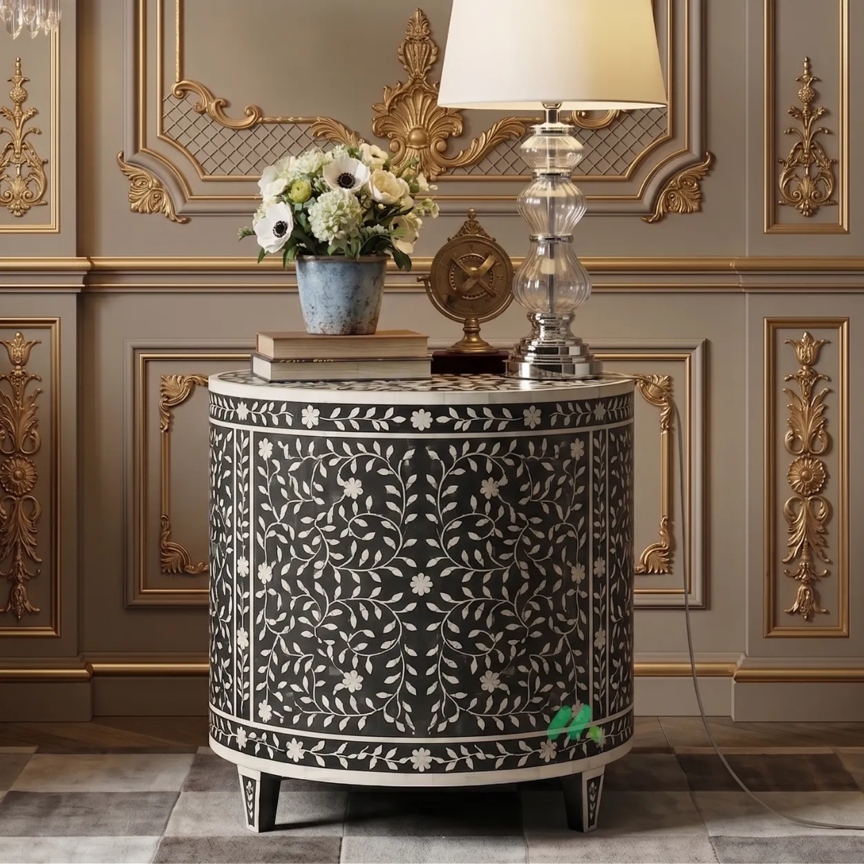 Bone Inlay Black Round Bedside Table - Image 2