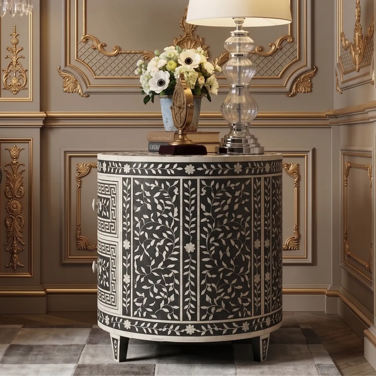 Bone Inlay Black Round Bedside Table - Image 4